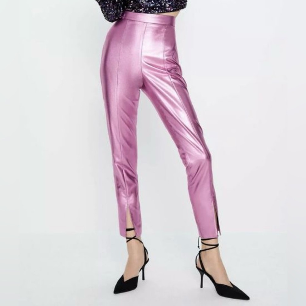Zara AW19 Metallic Pink Cigarette Pants Fuchsia NWT